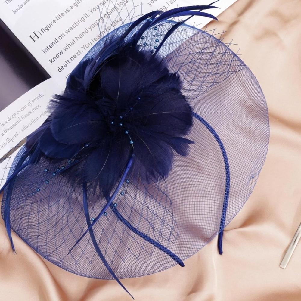 🐎NEW! Navy Blue Feathered Fascinator Hat - Picture 5 of 5